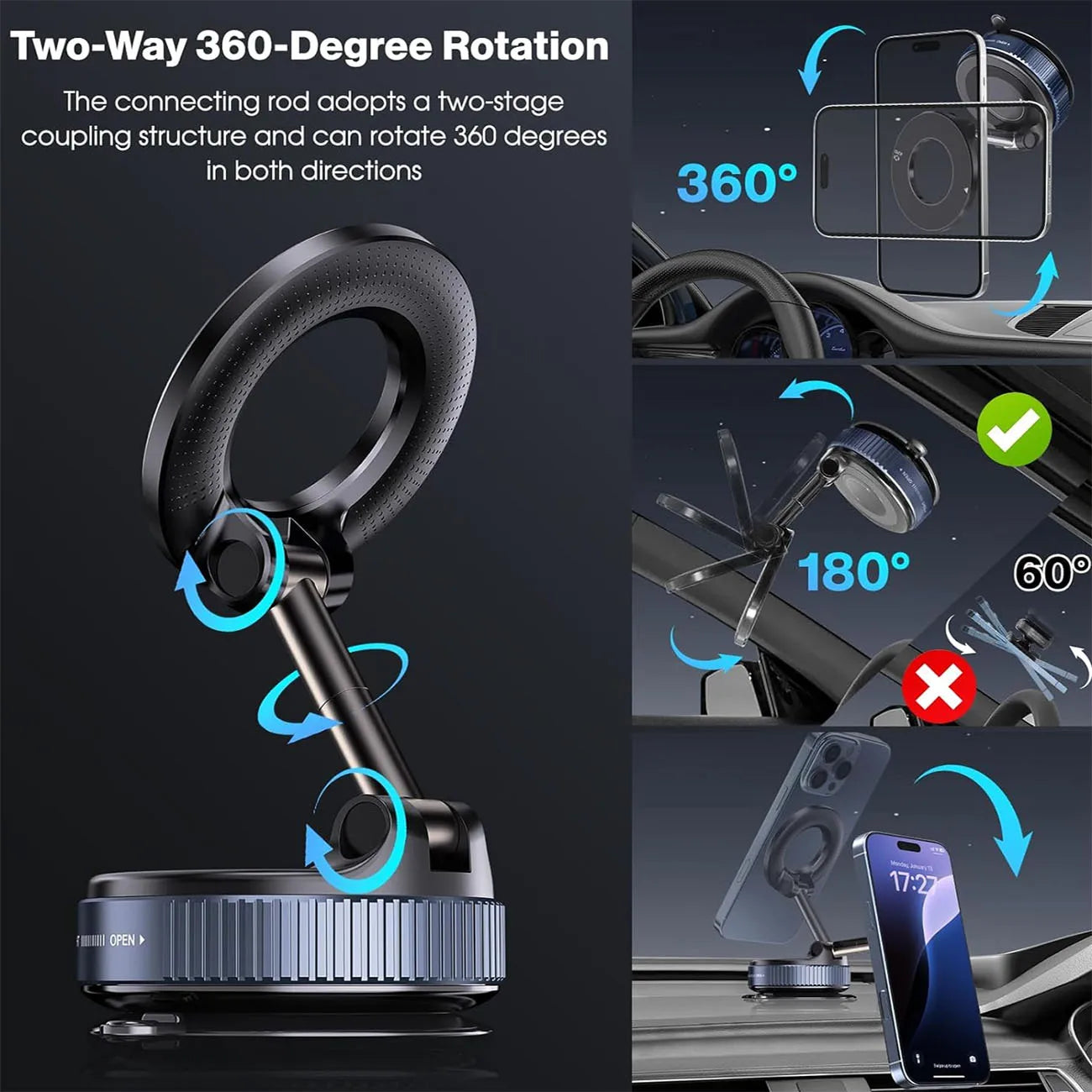 Soporte Magnético MagSafe para Auto – Ventosa Fuerte, 360° y Diseño Plegable