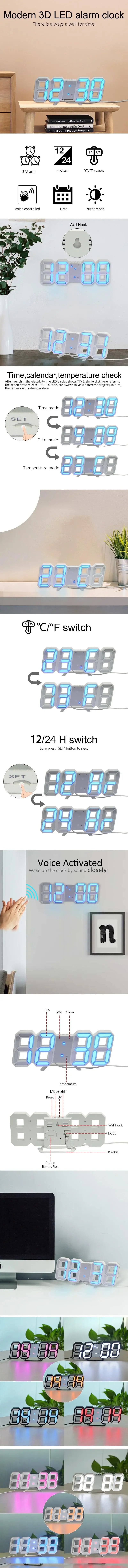Reloj de Pared LED Digital 3D – Alarma + Fecha + Temperatura para Cocina, Hogar y Oficina