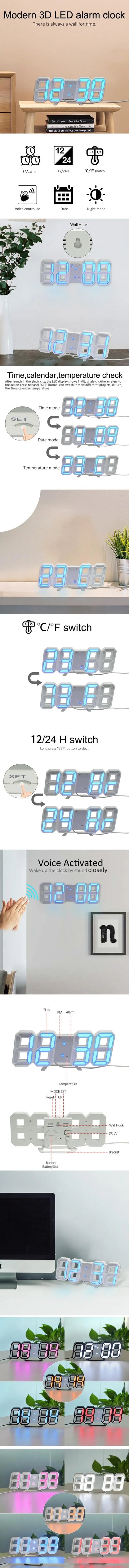 Reloj de Pared LED Digital 3D – Alarma + Fecha + Temperatura para Cocina, Hogar y Oficina